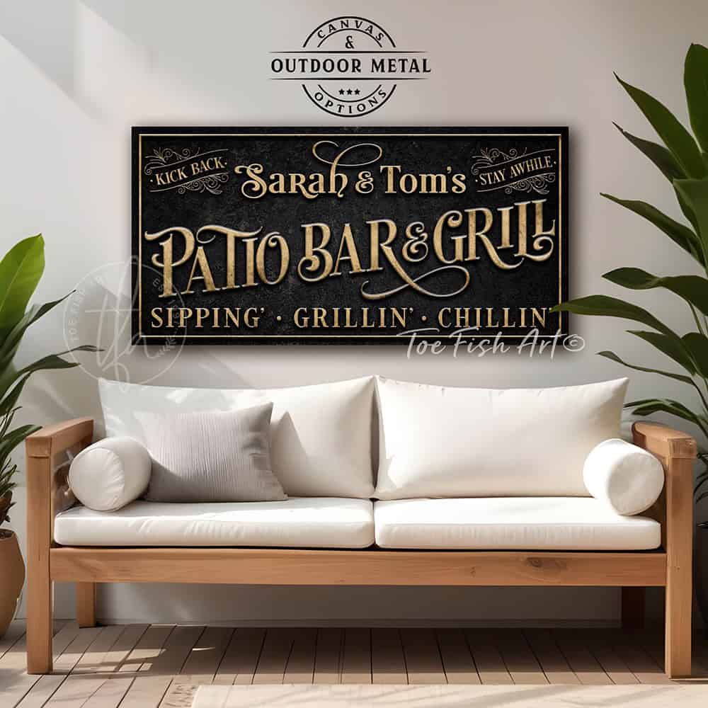 Welcome to the Patio Bar & Grill custom wall sign by Toe Fish Art, handmade in the USA in waterproof outdoor metal or framed canvas, vintage black with rustic gold, personalized family name text, and fun sayings like Kick Back-Stay Awhile, Sipping-Grilling-Chilling. Charming outdoor kitchen, bar, lounge, patio, lanai, deck, porch, or pool decor. Ideal for upgrading your outdoor summer vibe. Built to last with genuine craftsmanship, this authentic sign adds classic charm and heritage quality to any space.
