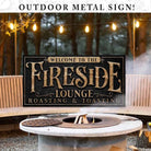 Custom Fireside Lounge Personalized Sign in exterior outdoor metal handmade by ToeFishArt. Original, custom, personalized wall decor signs. Canvas, Wood or Metal. Rustic modern farmhouse, cottagecore, vintage, retro, industrial, Americana, primitive, country, coastal, minimalist.