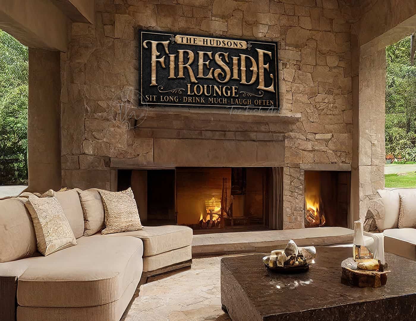 Custom Fireside Lounge Personalized Sign in exterior outdoor metal handmade by ToeFishArt. Original, custom, personalized wall decor signs. Canvas, Wood or Metal. Rustic modern farmhouse, cottagecore, vintage, retro, industrial, Americana, primitive, country, coastal, minimalist.
