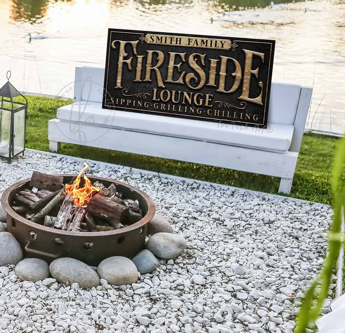 Custom Fireside Lounge Personalized Sign in exterior outdoor metal handmade by ToeFishArt. Original, custom, personalized wall decor signs. Canvas, Wood or Metal. Rustic modern farmhouse, cottagecore, vintage, retro, industrial, Americana, primitive, country, coastal, minimalist.