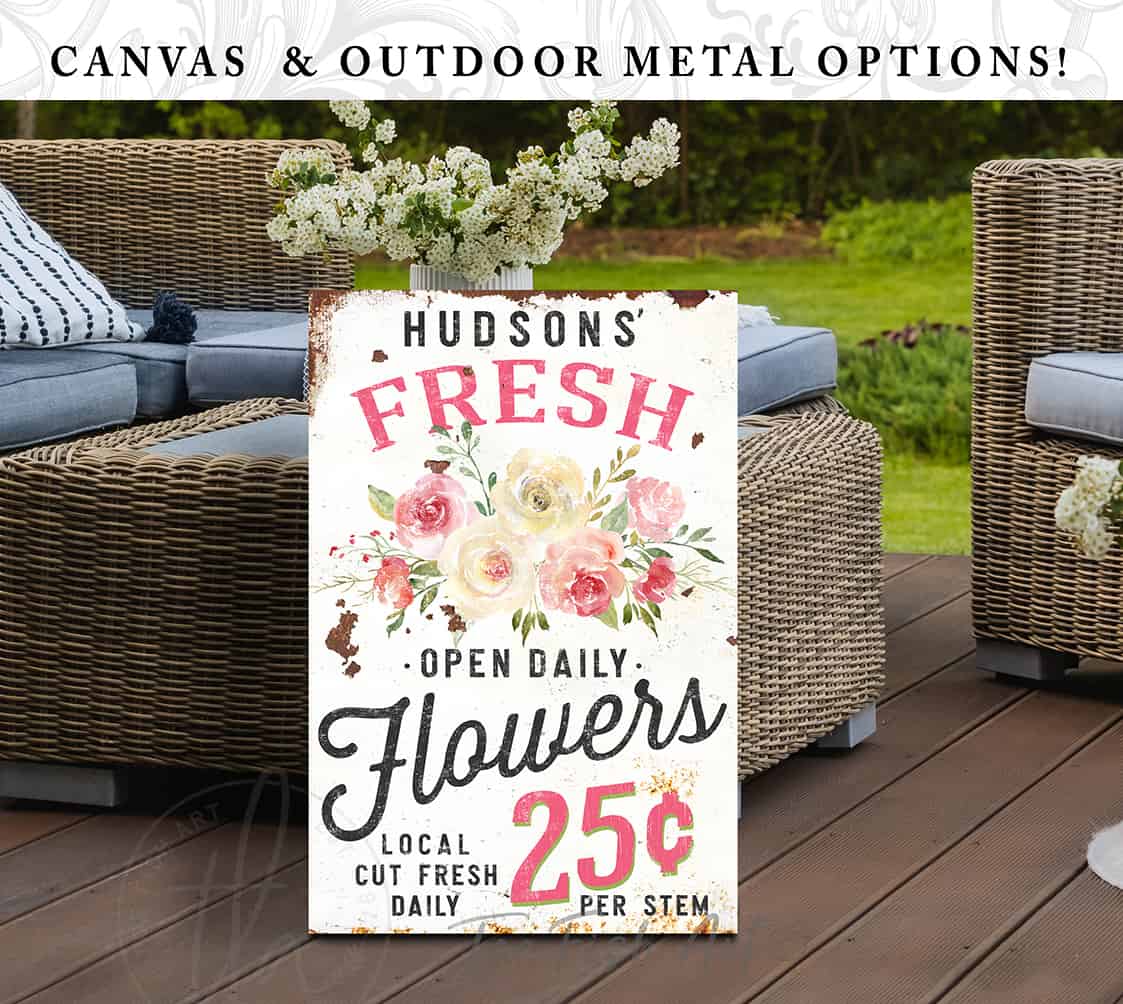 Fresh Flowers Sign in canvas or metal handmade by ToeFishArt. Original, custom, personalized wall decor signs. Canvas, Wood or Metal. Rustic modern farmhouse, cottagecore, vintage, retro, industrial, Americana, primitive, country, coastal, minimalist.