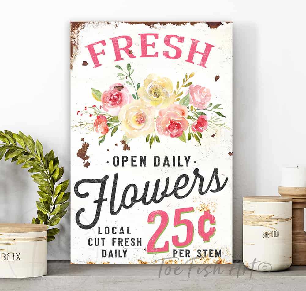 Fresh Flowers Sign in canvas or metal handmade by ToeFishArt. Original, custom, personalized wall decor signs. Canvas, Wood or Metal. Rustic modern farmhouse, cottagecore, vintage, retro, industrial, Americana, primitive, country, coastal, minimalist.