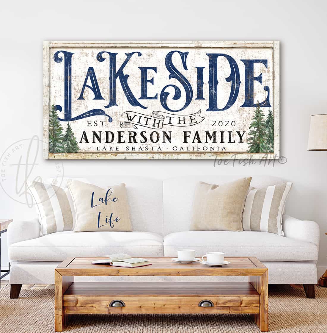 Personalized Lakeside Family Name Sign handmade by ToeFishArt. Original, custom, personalized wall decor signs. Canvas, Wood or Metal. Rustic modern farmhouse, cottagecore, vintage, retro, industrial, Americana, primitive, country, coastal, minimalist.