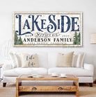 Personalized Lakeside Family Name Sign handmade by ToeFishArt. Original, custom, personalized wall decor signs. Canvas, Wood or Metal. Rustic modern farmhouse, cottagecore, vintage, retro, industrial, Americana, primitive, country, coastal, minimalist.