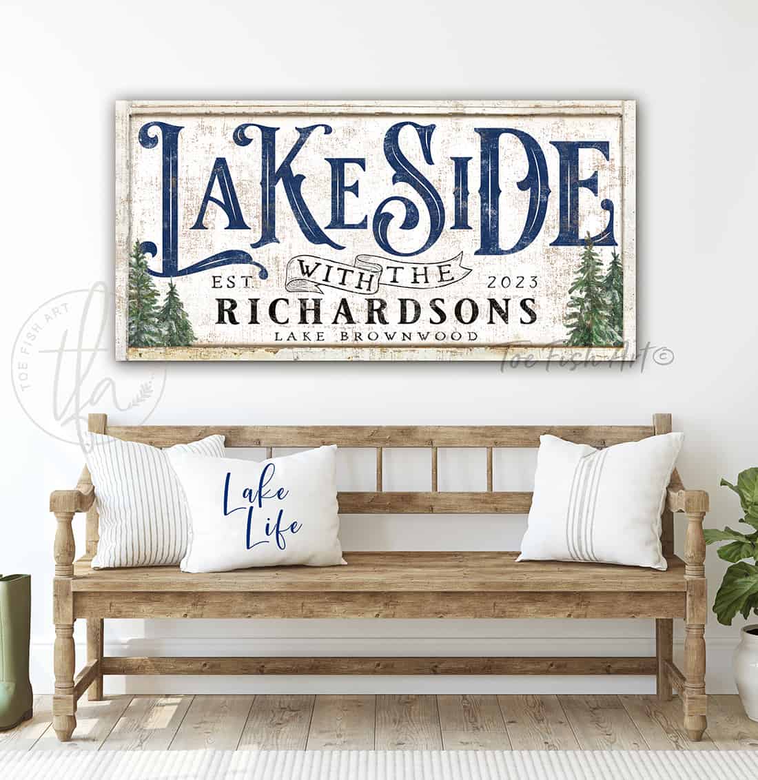 Personalized Lakeside Family Name Sign handmade by ToeFishArt. Original, custom, personalized wall decor signs. Canvas, Wood or Metal. Rustic modern farmhouse, cottagecore, vintage, retro, industrial, Americana, primitive, country, coastal, minimalist.