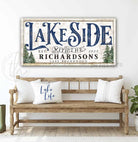 Personalized Lakeside Family Name Sign handmade by ToeFishArt. Original, custom, personalized wall decor signs. Canvas, Wood or Metal. Rustic modern farmhouse, cottagecore, vintage, retro, industrial, Americana, primitive, country, coastal, minimalist.
