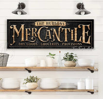 Mercantile Personalized Sign handmade by ToeFishArt. Original, custom, personalized wall decor signs. Canvas, Wood or Metal. Rustic modern farmhouse, cottagecore, vintage, retro, industrial, Americana, primitive, country, coastal, minimalist.