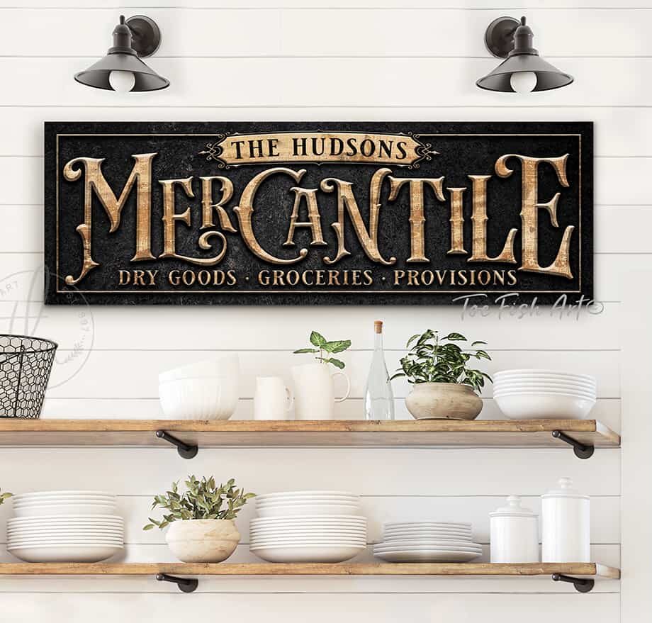 Mercantile Personalized Sign handmade by ToeFishArt. Original, custom, personalized wall decor signs. Canvas, Wood or Metal. Rustic modern farmhouse, cottagecore, vintage, retro, industrial, Americana, primitive, country, coastal, minimalist.