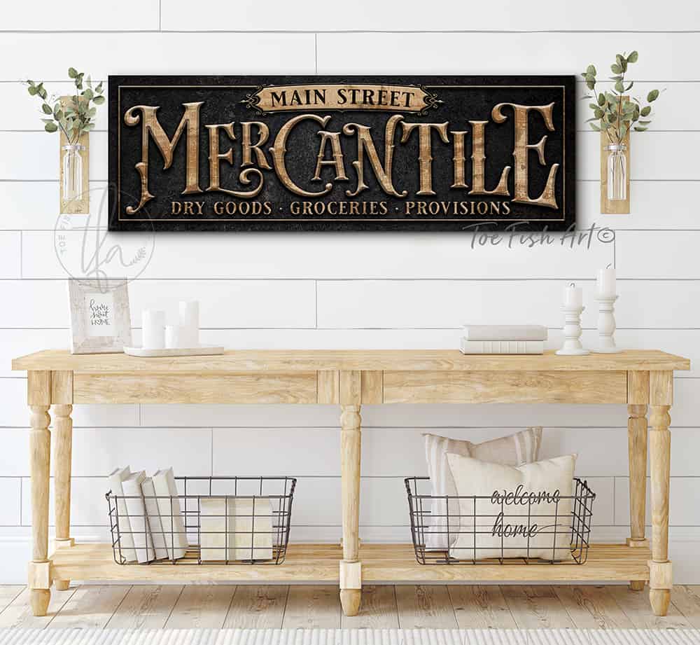 Mercantile Personalized Sign handmade by ToeFishArt. Original, custom, personalized wall decor signs. Canvas, Wood or Metal. Rustic modern farmhouse, cottagecore, vintage, retro, industrial, Americana, primitive, country, coastal, minimalist.
