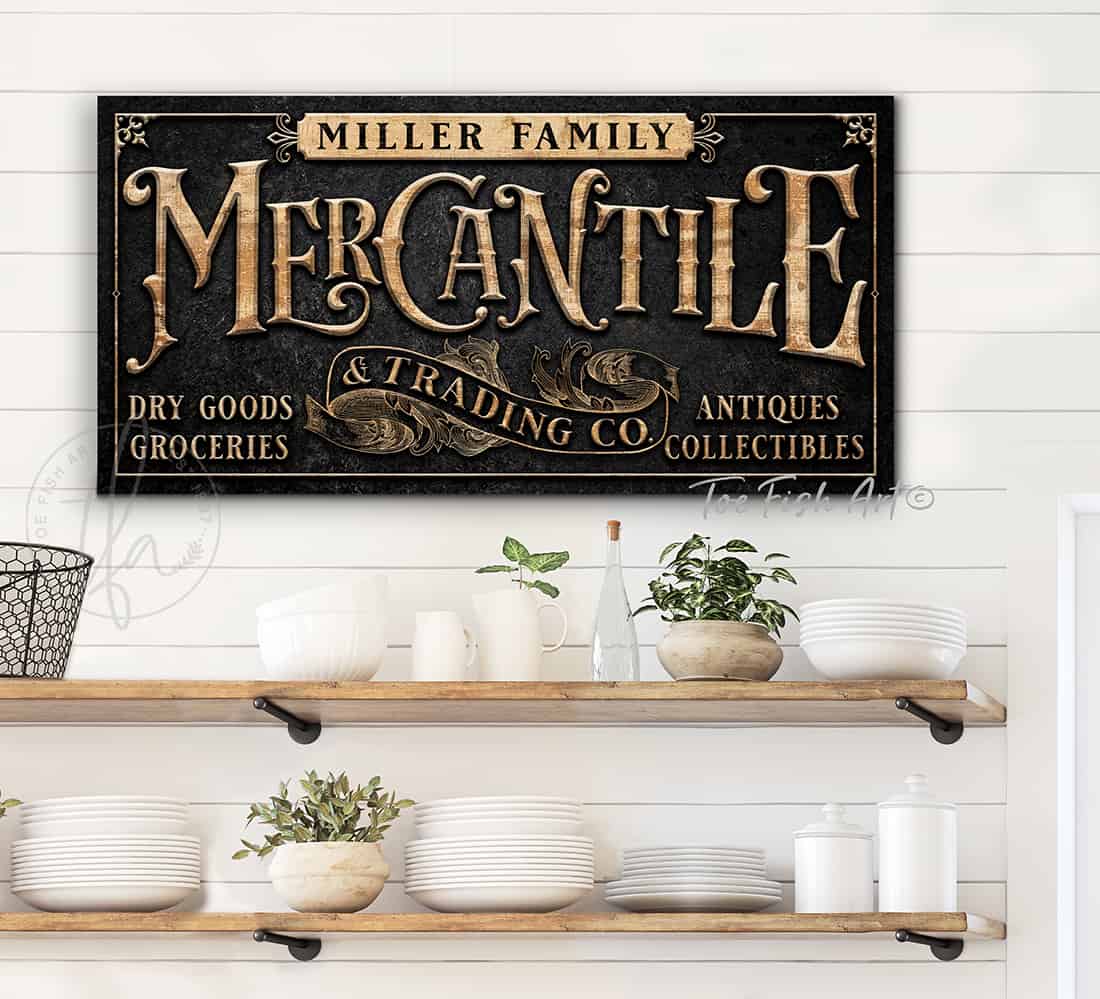 Mercantile Personalized Sign handmade by ToeFishArt. Original, custom, personalized wall decor signs. Canvas, Wood or Metal. Rustic modern farmhouse, cottagecore, vintage, retro, industrial, Americana, primitive, country, coastal, minimalist.