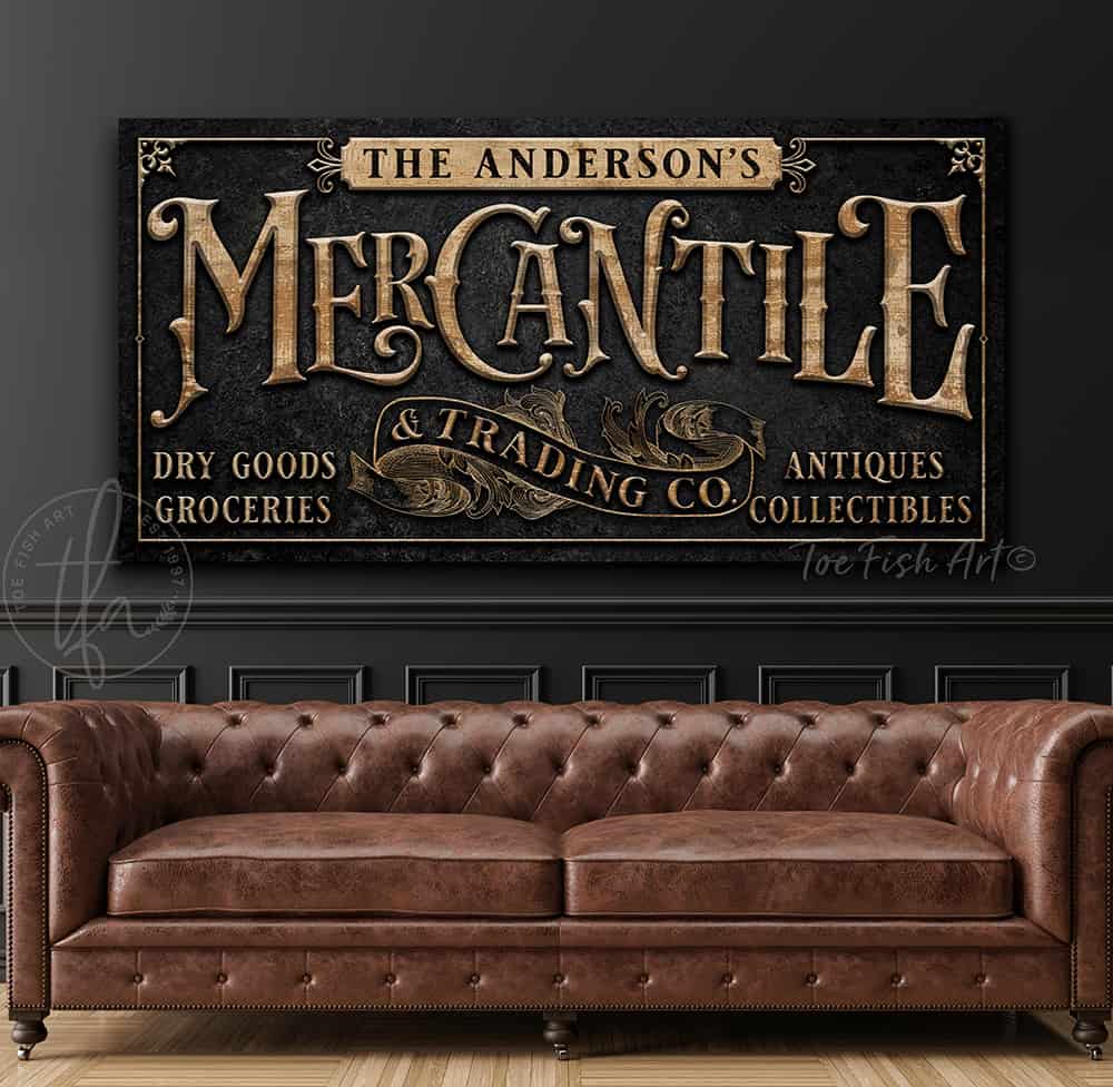 Mercantile Personalized Sign handmade by ToeFishArt. Original, custom, personalized wall decor signs. Canvas, Wood or Metal. Rustic modern farmhouse, cottagecore, vintage, retro, industrial, Americana, primitive, country, coastal, minimalist.