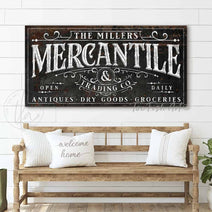 Mercantile Personalized Sign handmade by ToeFishArt. Original, custom, personalized wall decor signs. Canvas, Wood or Metal. Rustic modern farmhouse, cottagecore, vintage, retro, industrial, Americana, primitive, country, coastal, minimalist.