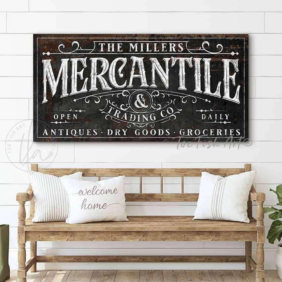 Mercantile Personalized Sign handmade by ToeFishArt. Original, custom, personalized wall decor signs. Canvas, Wood or Metal. Rustic modern farmhouse, cottagecore, vintage, retro, industrial, Americana, primitive, country, coastal, minimalist.