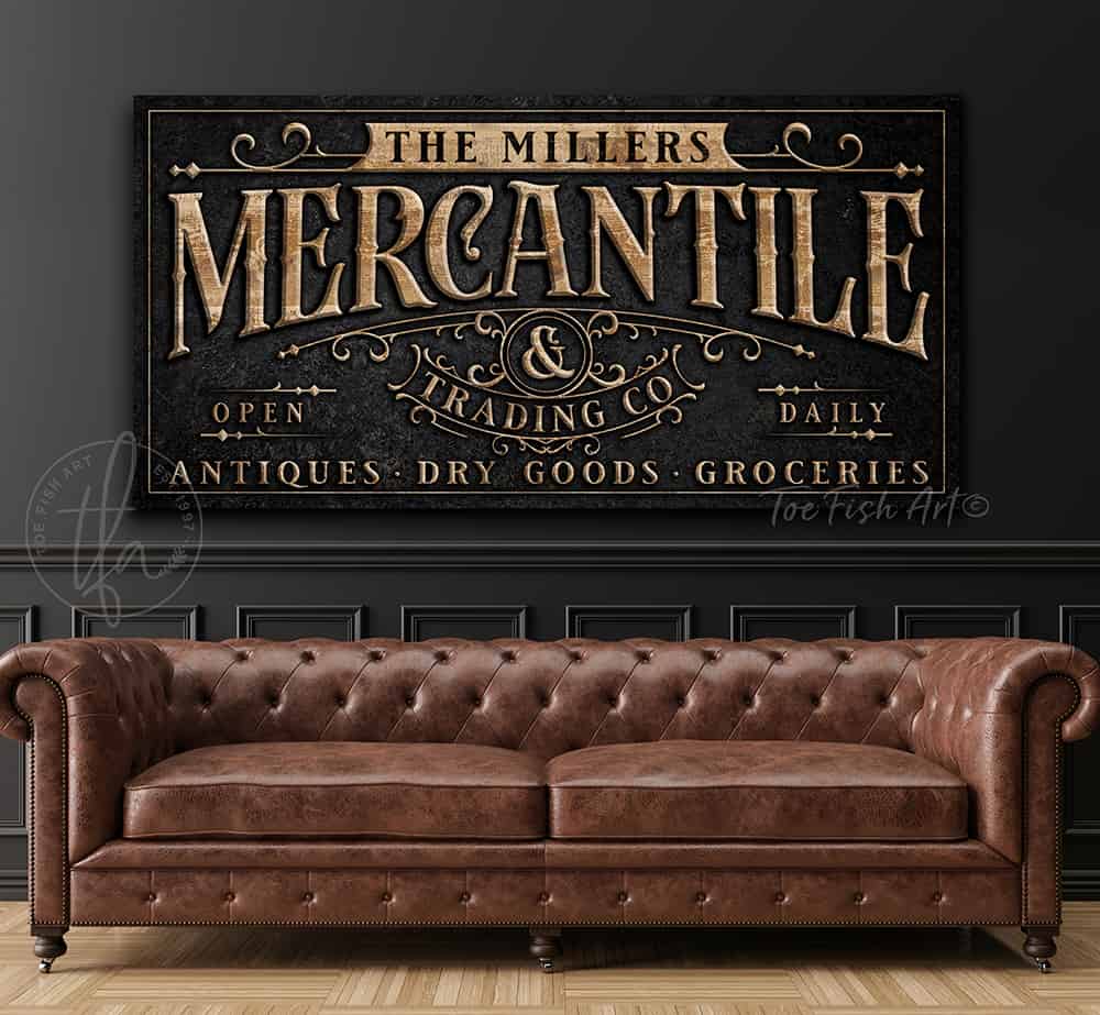 Mercantile Personalized Sign handmade by ToeFishArt. Original, custom, personalized wall decor signs. Canvas, Wood or Metal. Rustic modern farmhouse, cottagecore, vintage, retro, industrial, Americana, primitive, country, coastal, minimalist.