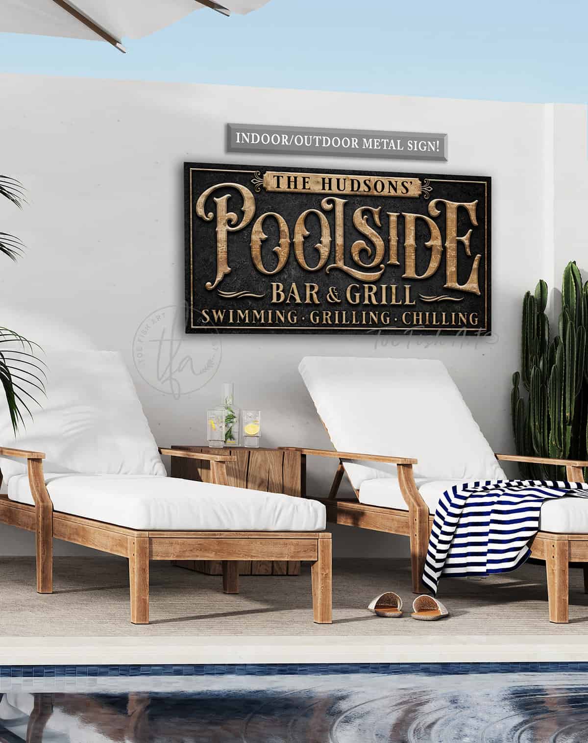Toe Fish Art Personalized Poolside Outdoor Metal Sign Family Name and custom wording options handmade by ToeFishArt. Original, custom, personalized wall decor signs. Canvas, Wood or Metal. Rustic modern farmhouse, cottagecore, vintage, retro, industrial, Americana, primitive, country, coastal, minimalist.