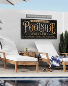 Toe Fish Art Personalized Poolside Outdoor Metal Sign Family Name and custom wording options handmade by ToeFishArt. Original, custom, personalized wall decor signs. Canvas, Wood or Metal. Rustic modern farmhouse, cottagecore, vintage, retro, industrial, Americana, primitive, country, coastal, minimalist.