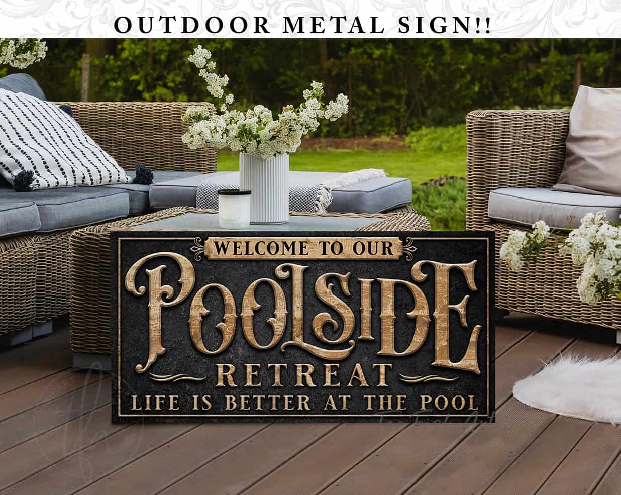 Toe Fish Art Personalized Poolside Outdoor Metal Sign Family Name and custom wording options handmade by ToeFishArt. Original, custom, personalized wall decor signs. Canvas, Wood or Metal. Rustic modern farmhouse, cottagecore, vintage, retro, industrial, Americana, primitive, country, coastal, minimalist.