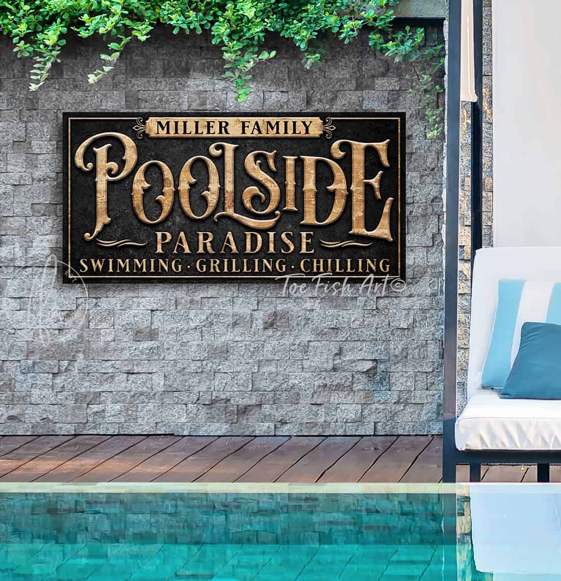 Toe Fish Art Personalized Poolside Outdoor Metal Sign Family Name and custom wording options handmade by ToeFishArt. Original, custom, personalized wall decor signs. Canvas, Wood or Metal. Rustic modern farmhouse, cottagecore, vintage, retro, industrial, Americana, primitive, country, coastal, minimalist.