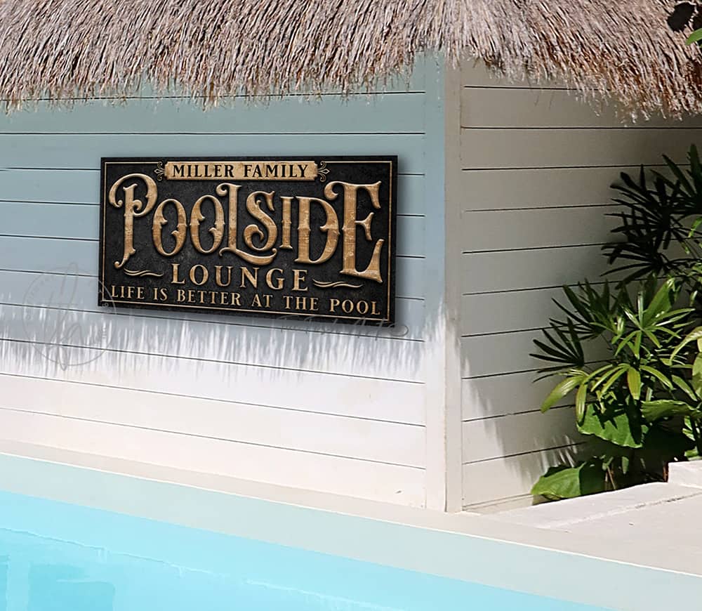 Toe Fish Art Personalized Poolside Outdoor Metal Sign Family Name and custom wording options handmade by ToeFishArt. Original, custom, personalized wall decor signs. Canvas, Wood or Metal. Rustic modern farmhouse, cottagecore, vintage, retro, industrial, Americana, primitive, country, coastal, minimalist.