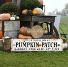Pick Your Own Pumpkin Patch Sign handmade by ToeFishArt in Canvas or Exterior Outdoor Metal. Original, custom, personalized wall decor signs. Canvas, Wood or Metal. Rustic modern farmhouse, cottagecore, vintage, retro, industrial, Americana, primitive, country, coastal, minimalist.