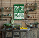 Posted Private Property No Hunting Trespassing Green and White Vertical Rustic Canvas or Outdoor Metal Sign handmade by ToeFishArt. Original, custom, personalized wall decor signs. Canvas, Wood or Metal. Rustic modern farmhouse, cottagecore, vintage, retro, industrial, Americana, primitive, country, coastal, minimalist.
