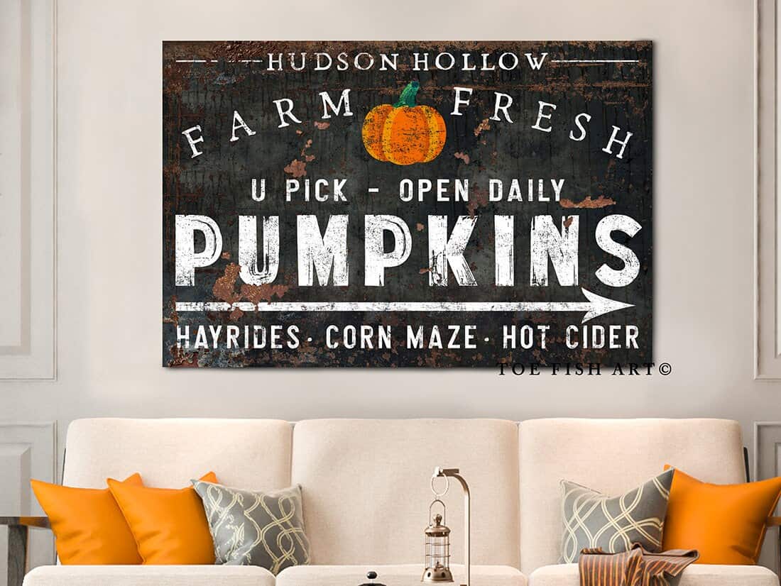 Transform your fall decor with this personalized "Farm Fresh Pumpkins" sign by Toe Fish Art. An investment you'll treasure season after season, it's the perfect way to add instant farmhouse charm to your porch, entryway, or living space. Be surrounded by decor you LOVE! Choose premium framed canvas or durable outdoor metal. Toe Fish Art makes artisan wall art with American materials. Proudly Made in the USA, each piece is expertly constructed with genuine craftsmanship, heritage quality, and rustic charm.