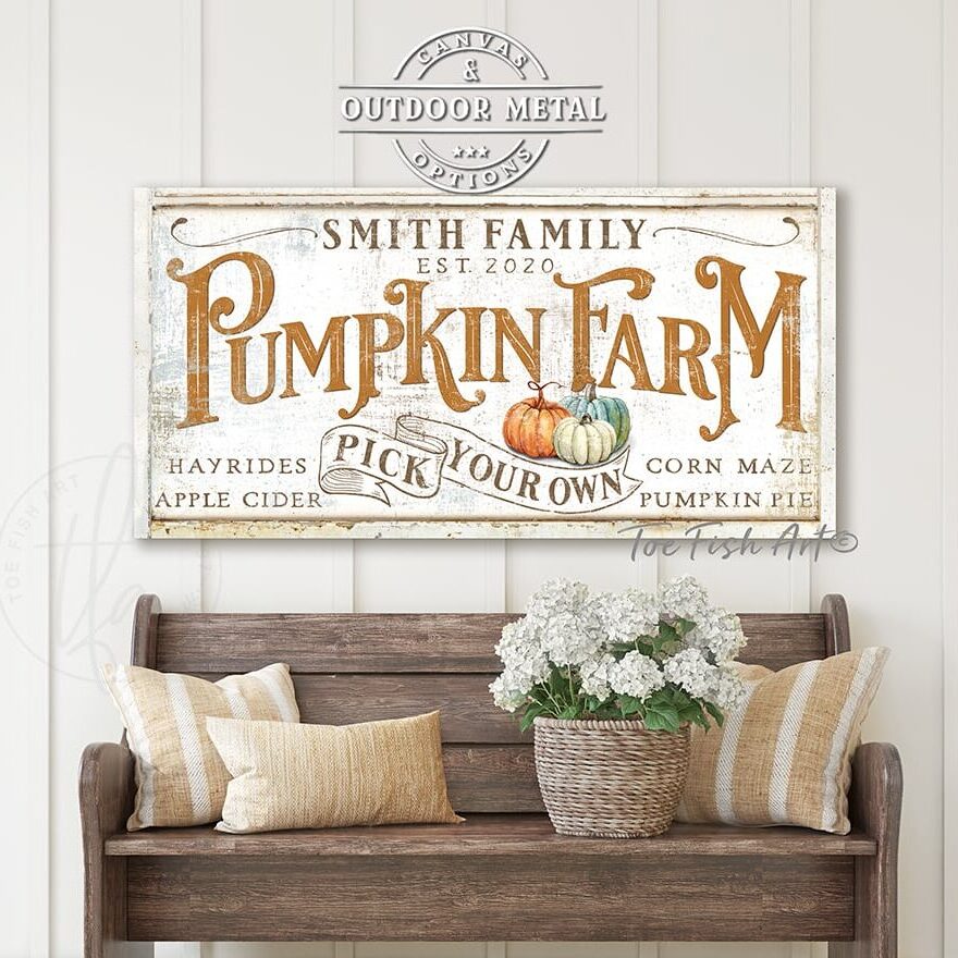 Pick Your Own Pumpkin Farm Canvas or Outdoor Metal Sign handmade by ToeFishArt. Original, custom, personalized wall decor signs. Canvas, Wood or Metal. Rustic modern farmhouse, cottagecore, vintage, retro, industrial, Americana, primitive, country, coastal, minimalist.