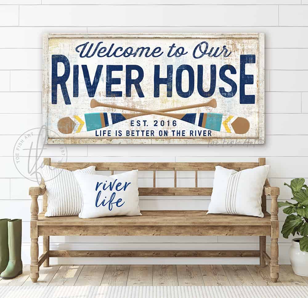 Custom River House Personalized Colorful Sign in canvas or exterior outdoor metal handmade by ToeFishArt. Original, custom, personalized wall decor signs. Canvas, Wood or Metal. Rustic modern farmhouse, cottagecore, vintage, retro, industrial, Americana, primitive, country, coastal, minimalist.