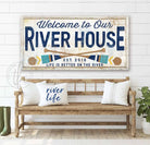 Custom River House Personalized Colorful Sign in canvas or exterior outdoor metal handmade by ToeFishArt. Original, custom, personalized wall decor signs. Canvas, Wood or Metal. Rustic modern farmhouse, cottagecore, vintage, retro, industrial, Americana, primitive, country, coastal, minimalist.