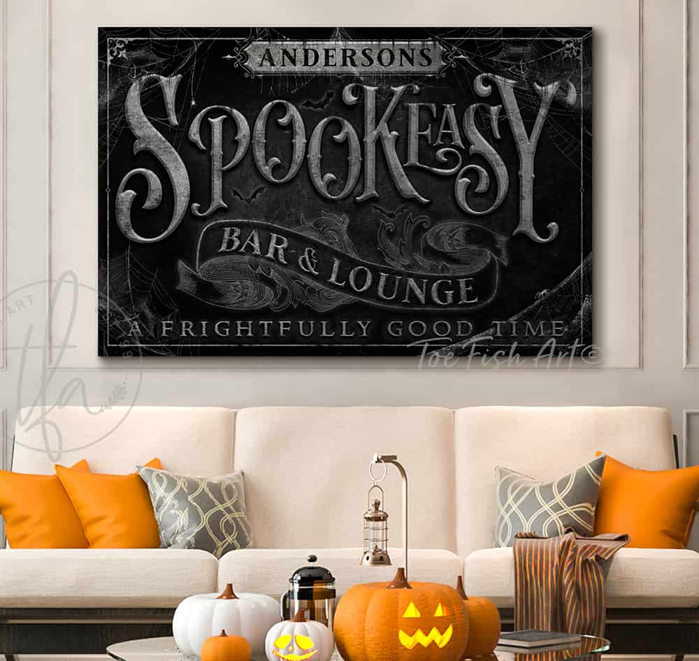 Spookeasy Bar & Lounge Halloween Home Decor Canvas or Outdoor Metal Sign handmade by ToeFishArt. Original, custom, personalized wall decor signs. Canvas, Wood or Metal. Rustic modern farmhouse, cottagecore, vintage, retro, industrial, Americana, primitive, country, coastal, minimalist.