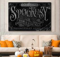 Spookeasy Bar & Lounge Halloween Home Decor Canvas or Outdoor Metal Sign handmade by ToeFishArt. Original, custom, personalized wall decor signs. Canvas, Wood or Metal. Rustic modern farmhouse, cottagecore, vintage, retro, industrial, Americana, primitive, country, coastal, minimalist.