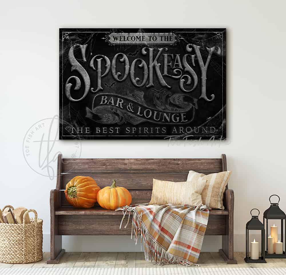 Spookeasy Bar & Lounge Halloween Home Decor Canvas or Outdoor Metal Sign handmade by ToeFishArt. Original, custom, personalized wall decor signs. Canvas, Wood or Metal. Rustic modern farmhouse, cottagecore, vintage, retro, industrial, Americana, primitive, country, coastal, minimalist.