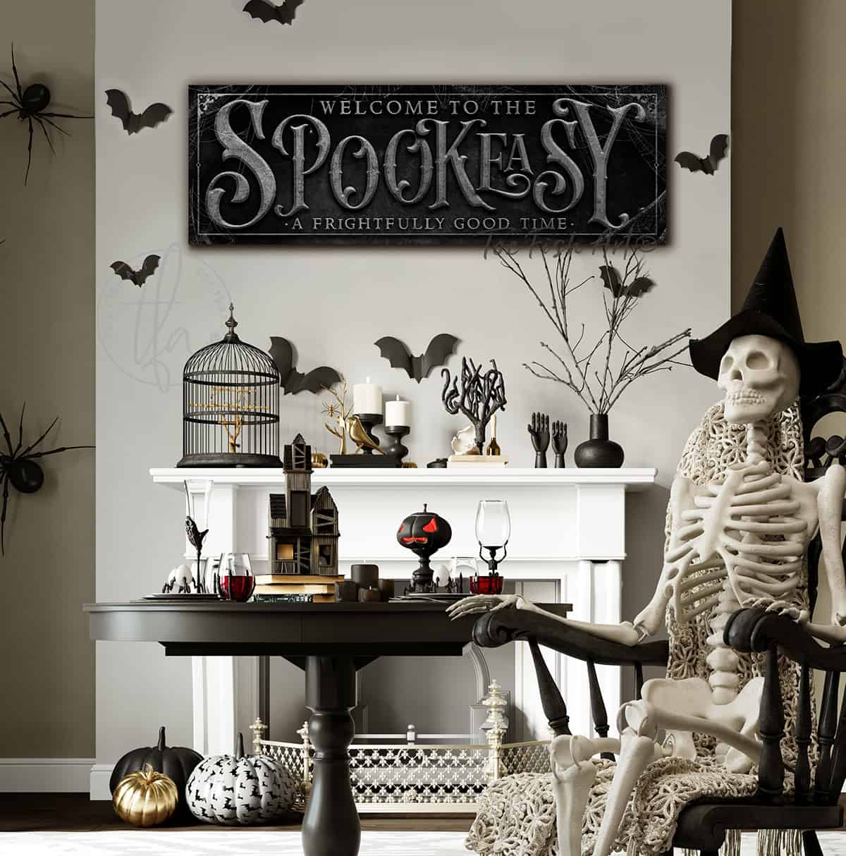 Spookeasy Custom Personalized Halloween Decoration handmade by ToeFishArt. Original, custom, personalized wall decor signs. Canvas, Wood or Metal. Rustic modern farmhouse, cottagecore, vintage, retro, industrial, Americana, primitive, country, coastal, minimalist.