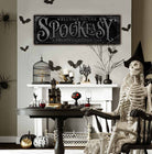 Spookeasy Custom Personalized Halloween Decoration handmade by ToeFishArt. Original, custom, personalized wall decor signs. Canvas, Wood or Metal. Rustic modern farmhouse, cottagecore, vintage, retro, industrial, Americana, primitive, country, coastal, minimalist.