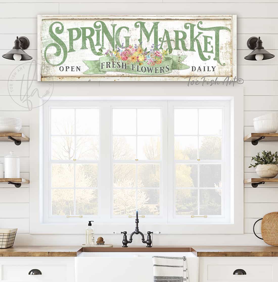 Spring Market Fresh Flowers Sign above kitchen window on white shiplap wall handmade by ToeFishArt. Original, custom, personalized gifts and wall decor signs. Canvas, Wood or Metal. Rustic modern farmhouse, cottagecore, vintage, retro, industrial, Americana, primitive, country, coastal, minimalist.
