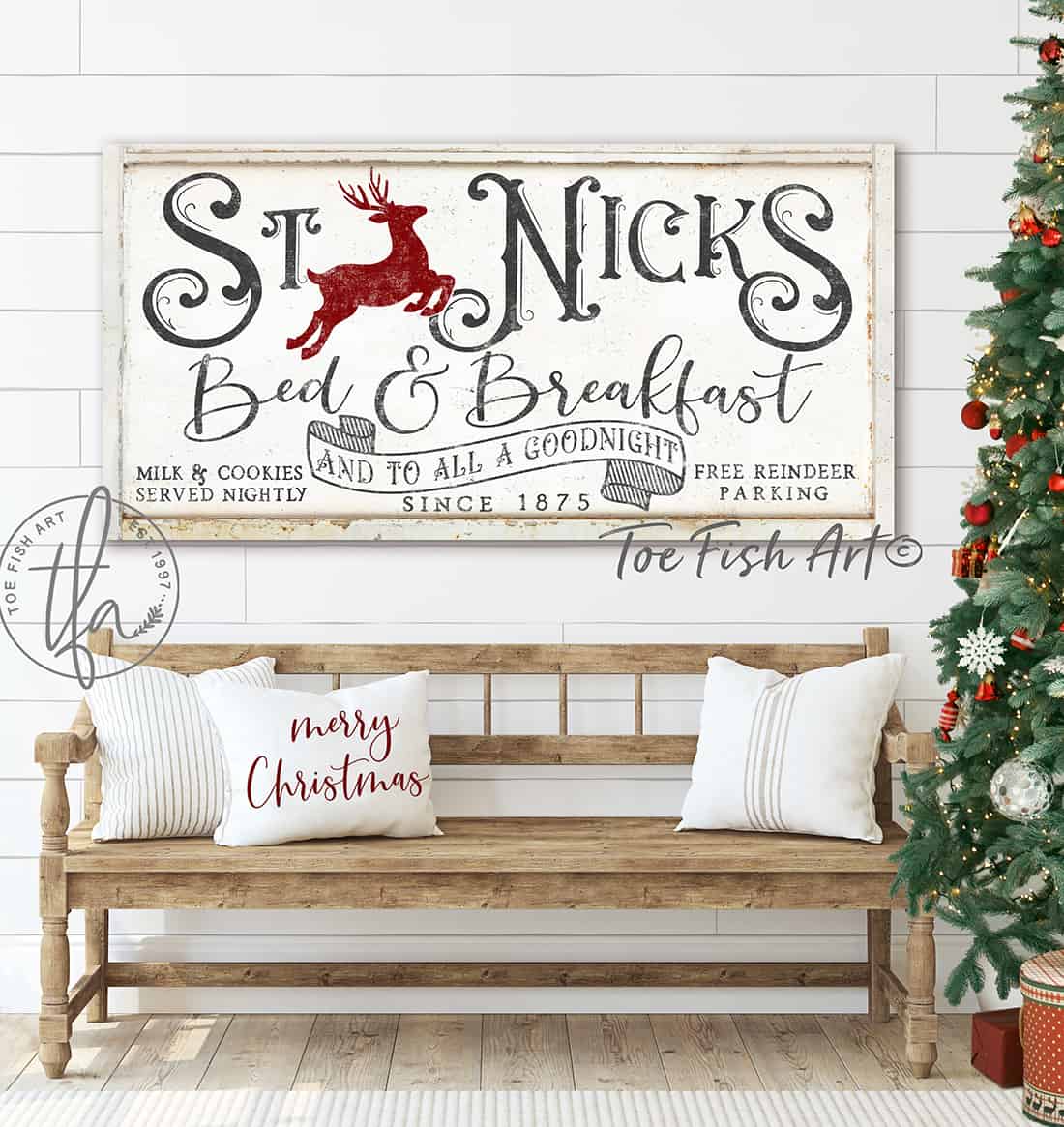 Toe Fish Art St Nicks Bed & Breakfast Vintage White Canvas or Outdoor Metal Sign Christmas Holiday Home Decor handmade by ToeFishArt. Original, custom, personalized wall decor signs. Canvas, Wood or Metal. Rustic modern farmhouse, cottagecore, vintage, retro, industrial, Americana, primitive, country, coastal, minimalist.