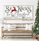 Toe Fish Art St Nicks Bed & Breakfast Vintage White Canvas or Outdoor Metal Sign Christmas Holiday Home Decor handmade by ToeFishArt. Original, custom, personalized wall decor signs. Canvas, Wood or Metal. Rustic modern farmhouse, cottagecore, vintage, retro, industrial, Americana, primitive, country, coastal, minimalist.