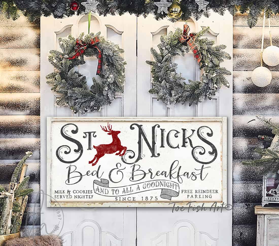Toe Fish Art St Nicks Bed & Breakfast Vintage White Canvas or Outdoor Metal Sign Christmas Holiday Home Decor handmade by ToeFishArt. Original, custom, personalized wall decor signs. Canvas, Wood or Metal. Rustic modern farmhouse, cottagecore, vintage, retro, industrial, Americana, primitive, country, coastal, minimalist.