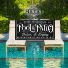 Pool & Patio Personalized Outdoor Metal Sign handmade by ToeFishArt. Original, custom, personalized wall decor signs. Canvas, Wood or Metal. Rustic modern farmhouse, cottagecore, vintage, retro, industrial, Americana, primitive, country, coastal, minimalist.