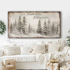 Vintage Christmas decoration—snowy forest scene wall decor with "Let Heaven and Nature Sing" Christian holiday hymn song lyrics. Canvas or outdoor metal cottagecore farmhouse sign.—Toe Fish Art makes authentic wall art with American sourced materials. Proudly made in the USA, each sign is constructed with genuine craftsmanship, heritage quality, and rustic charm. Our premium, handcrafted pieces are built to last. Discover American made wall art at toefishart.com—crafted to inspire, made to endure.