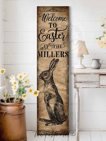 Welcome to Easter Canvas or Outdoor Metal Personalizable Family Name Vertical Porch Greeter Sign