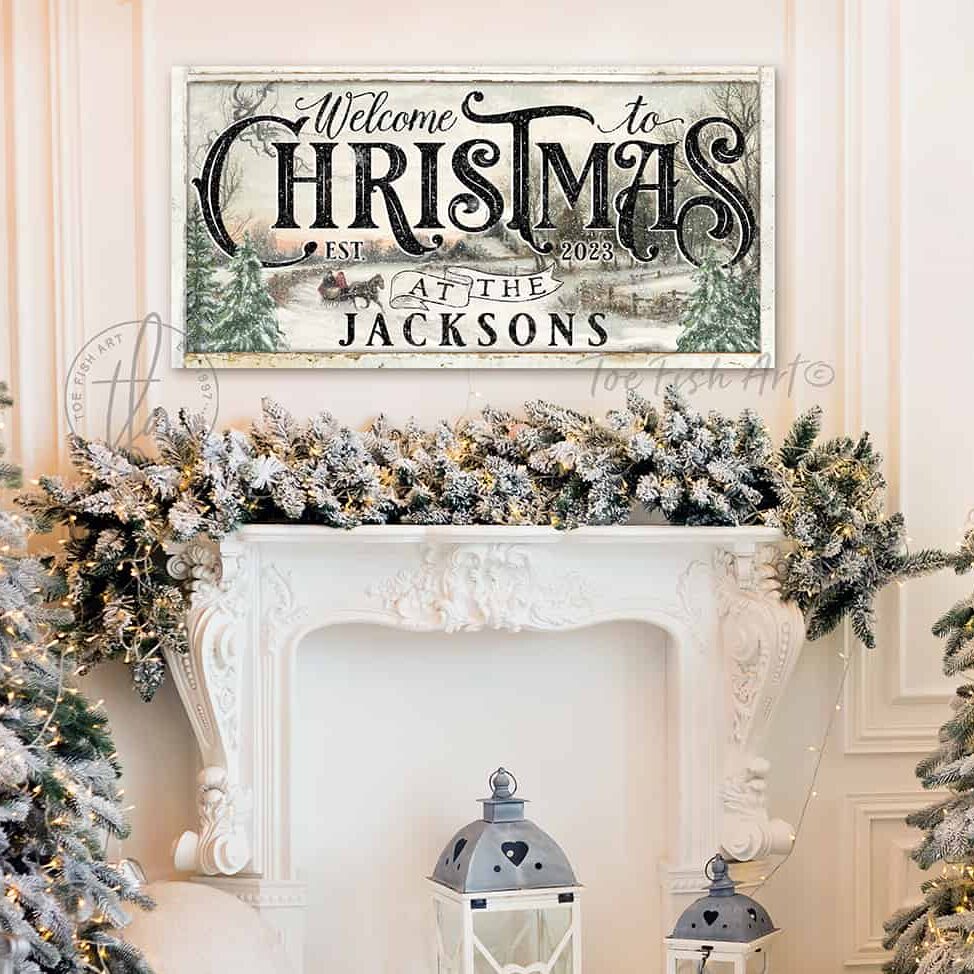 Welcome to Christmas personalized sleigh ride Sign handmade by ToeFishArt. Original, custom, personalized wall decor signs. Canvas, Wood or Metal. Rustic modern farmhouse, cottagecore, vintage, retro, industrial, Americana, primitive, country, coastal, minimalist.