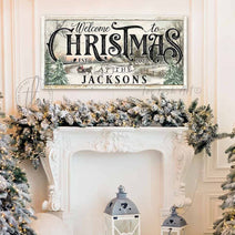 Welcome to Christmas personalized sleigh ride Sign handmade by ToeFishArt. Original, custom, personalized wall decor signs. Canvas, Wood or Metal. Rustic modern farmhouse, cottagecore, vintage, retro, industrial, Americana, primitive, country, coastal, minimalist.
