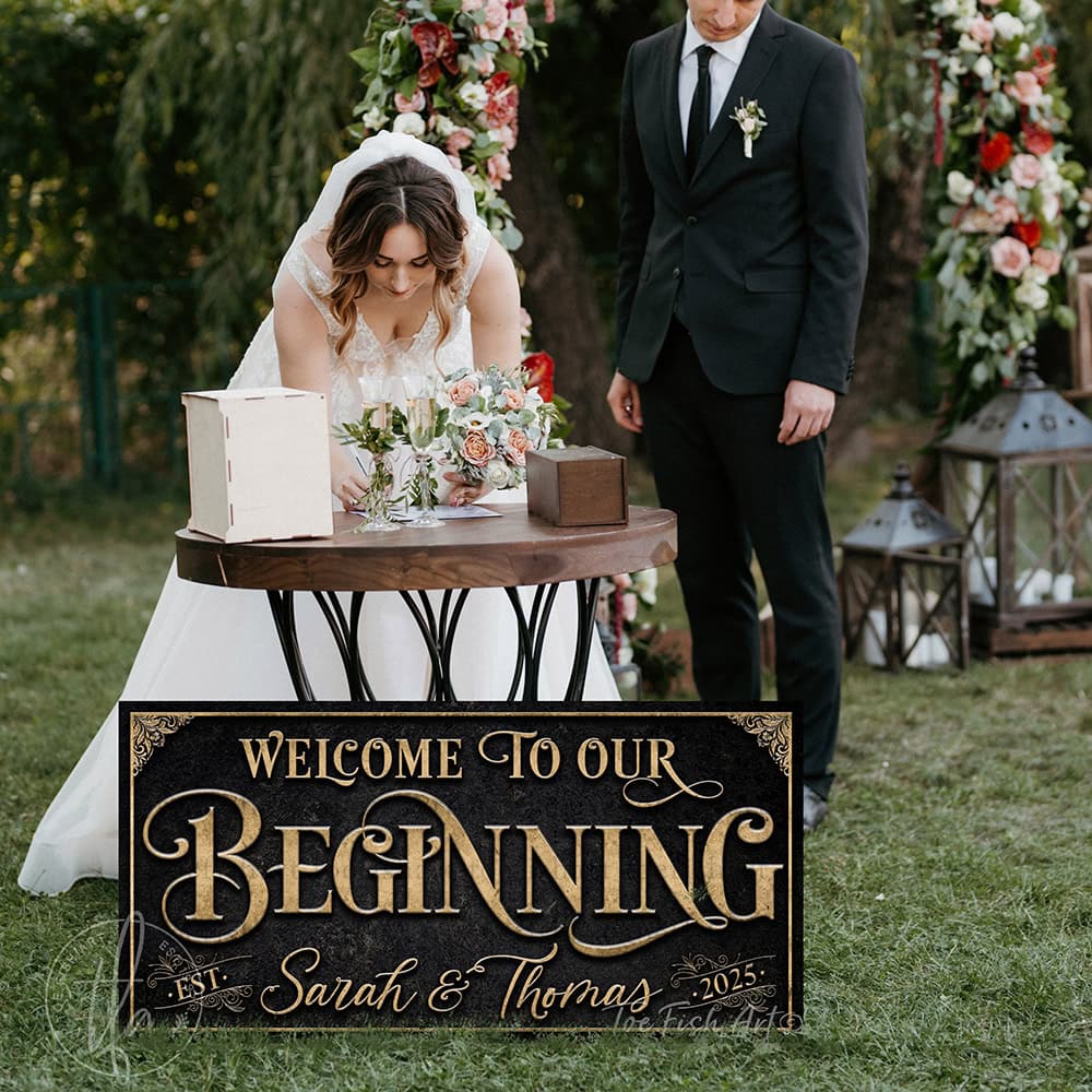 Welcome to Our Beginning personalized vintage-inspired wedding sign by Toe Fish Art, featuring couple’s names and date, gorgeous vintage black background with rustic gold lettering, available as framed canvas or outdoor waterproof metal — a unique, rustic chic wedding ceremony and reception keepsake decoration, designed and handcrafted in the USA. Ideal for indoor and outdoor spaces. Built to last with genuine craftsmanship, this authentic sign adds classic charm and heritage quality to your special day.
