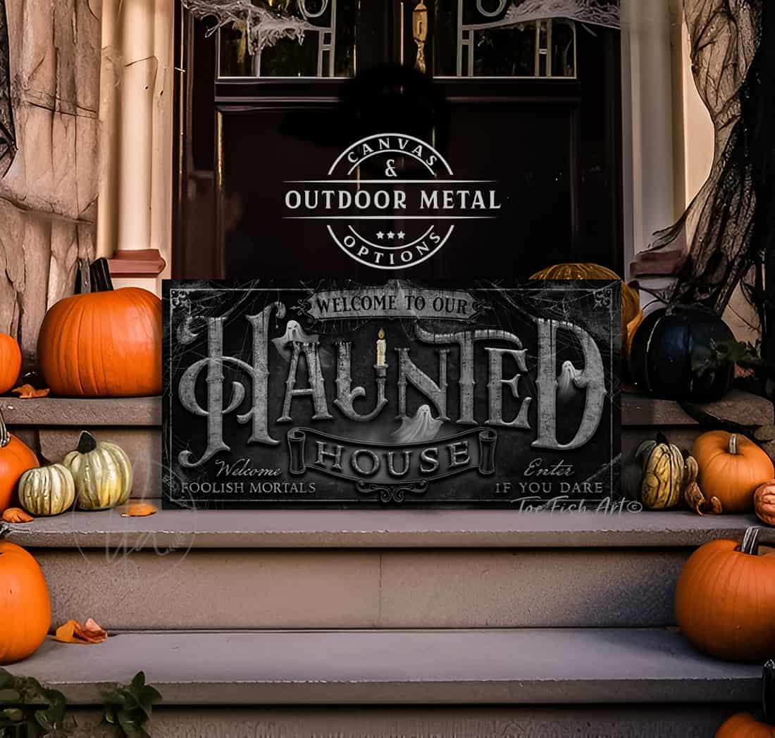 Haunted House Personalize-able Custom Halloween Home Decor Canvas or Outdoor Metal Sign handmade by ToeFishArt. Original, custom, personalized wall decor signs. Canvas, Wood or Metal. Rustic modern farmhouse, cottagecore, vintage, retro, industrial, Americana, primitive, country, coastal, minimalist.