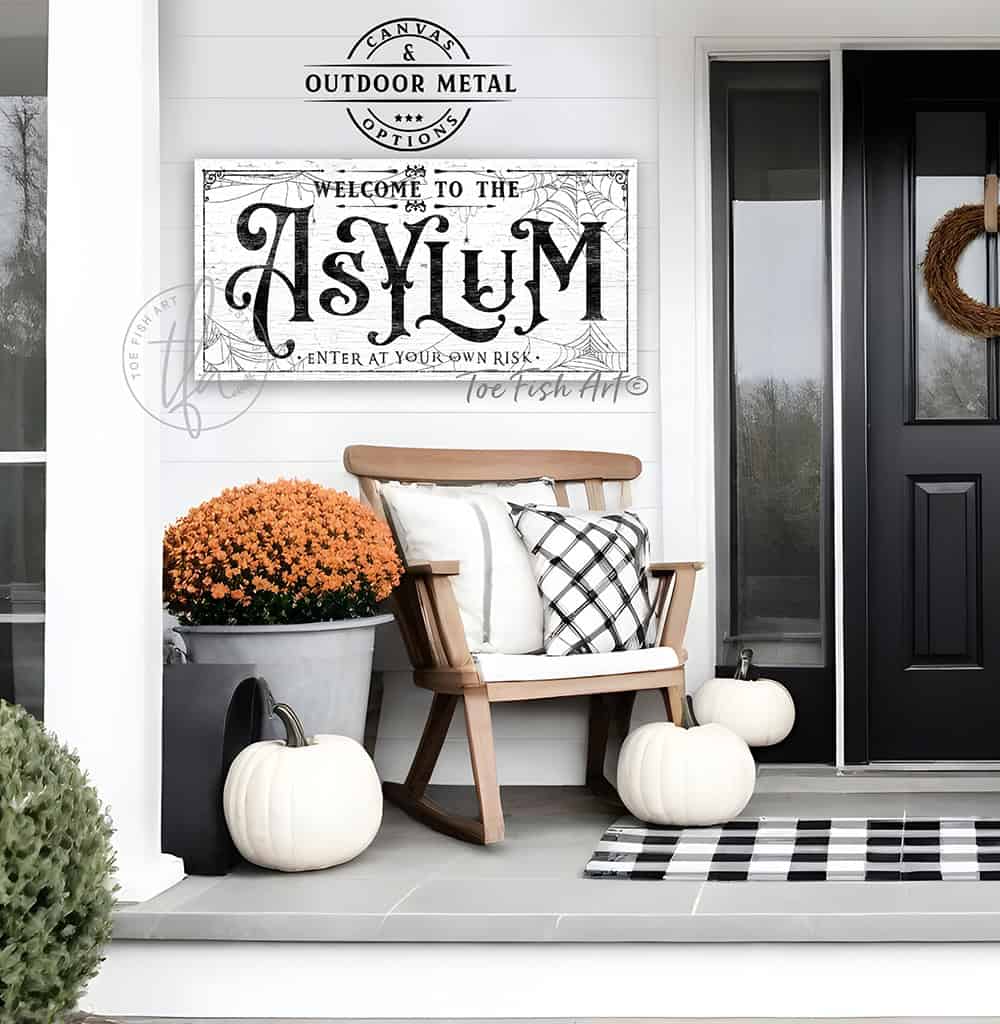 Asylum Sign handmade by ToeFishArt. Original, custom, personalized wall decor signs. Canvas, Wood or Metal. Rustic modern farmhouse, cottagecore, vintage, retro, industrial, Americana, primitive, country, coastal, minimalist.