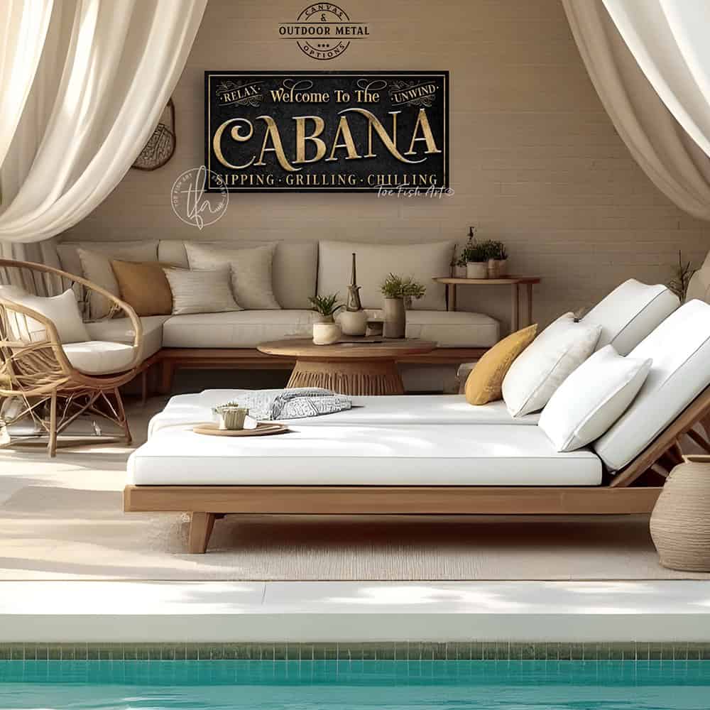 Welcome to the Cabana personalized wall sign by Toe Fish Art in vintage black with rustic gold lettering, available in framed canvas or waterproof outdoor metal, with custom family name and established year, and fun sayings like Relax & Unwind, Sipping-Grilling-Chilling—charming pool, spa, beach, lake, or patio decor handmade in the USA. Ideal for enhancing your outdoor summer decor. Built to last with genuine craftsmanship, this authentic sign adds classic cottage charm and heritage quality to any space.