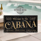 Welcome to the Cabana personalized wall sign by Toe Fish Art in vintage black with rustic gold lettering, available in framed canvas or waterproof outdoor metal, with custom family name and established year, and fun sayings like Relax & Unwind, Sipping-Grilling-Chilling—charming pool, spa, beach, lake, or patio decor handmade in the USA. Ideal for enhancing your outdoor summer decor. Built to last with genuine craftsmanship, this authentic sign adds classic cottage charm and heritage quality to any space.