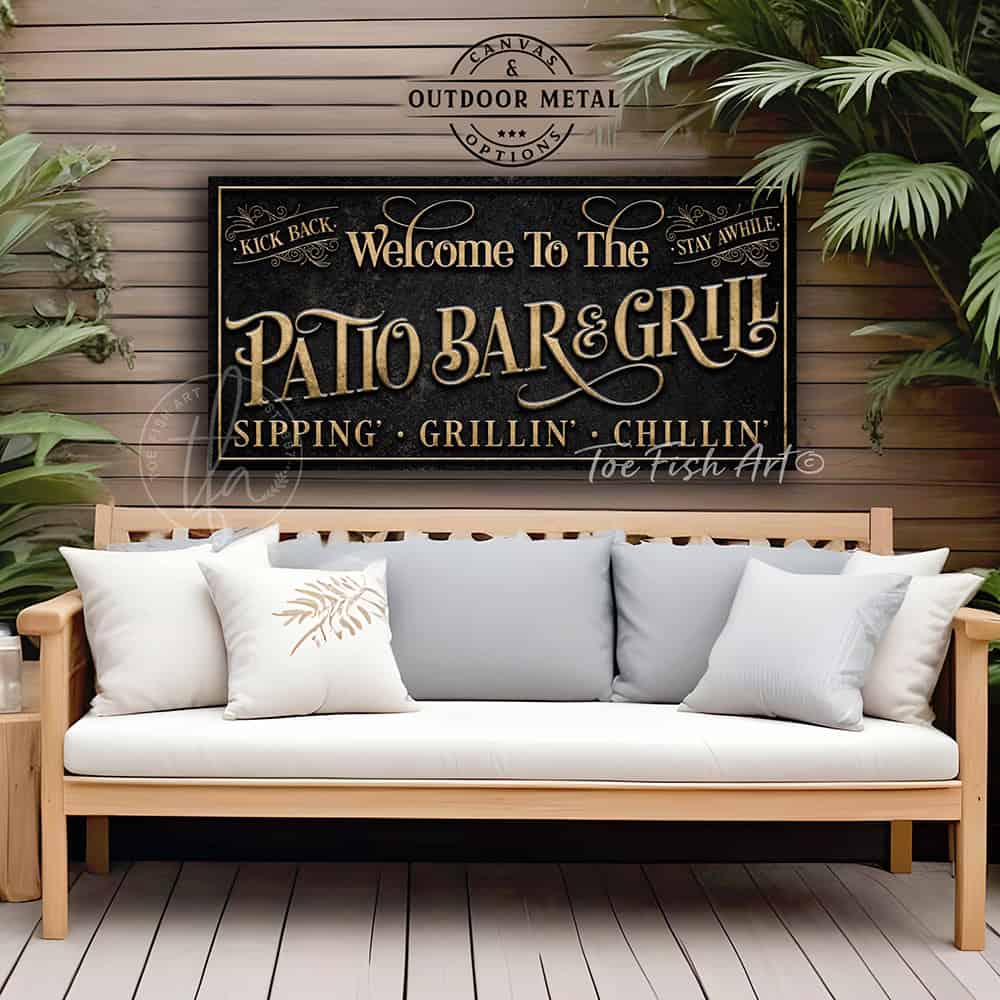 Welcome to the Patio Bar & Grill custom wall sign by Toe Fish Art, handmade in the USA in waterproof outdoor metal or framed canvas, vintage black with rustic gold, personalized family name text, and fun sayings like Kick Back-Stay Awhile, Sipping-Grilling-Chilling. Charming outdoor kitchen, bar, lounge, patio, lanai, deck, porch, or pool decor. Ideal for upgrading your outdoor summer vibe. Built to last with genuine craftsmanship, this authentic sign adds classic charm and heritage quality to any space.