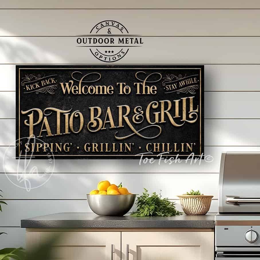 Welcome to the Patio Bar & Grill custom wall sign by Toe Fish Art, handmade in the USA in waterproof outdoor metal or framed canvas, vintage black with rustic gold, personalized family name text, and fun sayings like Kick Back-Stay Awhile, Sipping-Grilling-Chilling. Charming outdoor kitchen, bar, lounge, patio, lanai, deck, porch, or pool decor. Ideal for upgrading your outdoor summer vibe. Built to last with genuine craftsmanship, this authentic sign adds classic charm and heritage quality to any space.